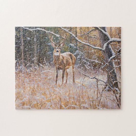 Wild Buck Herten Grote Antlers Sneeuwbos Kunst Puz Legpuzzel (Horizontaal)