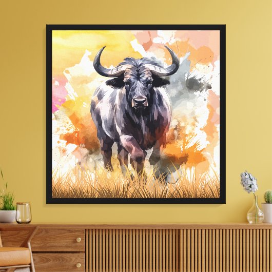 Wild Buffalo Waterverf Wall Art 32"x32" Canvas Afdruk (Insitu (Woonkamer))
