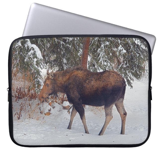 Wild Canadian Moose Koe & Winter Forest II Laptop Sleeve (Voorkant)