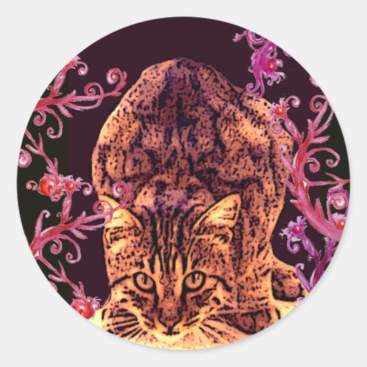 WILD CAT KITTEN Roze zwarte zilverspillen Ronde Sticker (Voorkant)