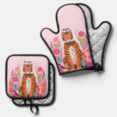 Wild Cat Tiger Pink Personalized Ovenwant & Pannenlap Set (Voorkant / Achterkant)