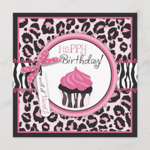Wild Cheetah Print & Cupcake Birthday Kaart