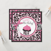Wild Cheetah Print & Cupcake Birthday Kaart (Voorkant / Achterkant in situ)