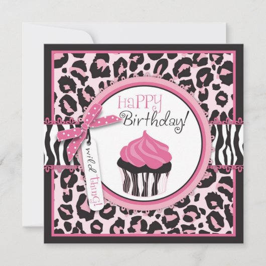 Wild Cheetah Print & Cupcake Birthday Kaart (Voorkant)