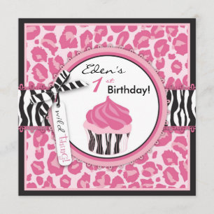 Wild Cheetah Print & Cupcake Pink Birthday Kaart