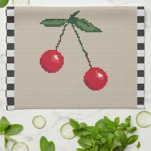Wild Cherry Cross Stitch Dishtowel Theedoek (Gevouwen)