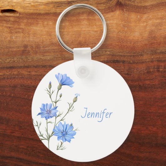 Wild Chicory Flower Botanical Custom Name Sleutelhanger (Voorkant)