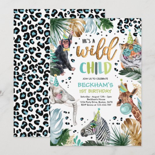 Wild Child Boy Safari Animals Birthday Party Kaart (Voorkant / Achterkant)