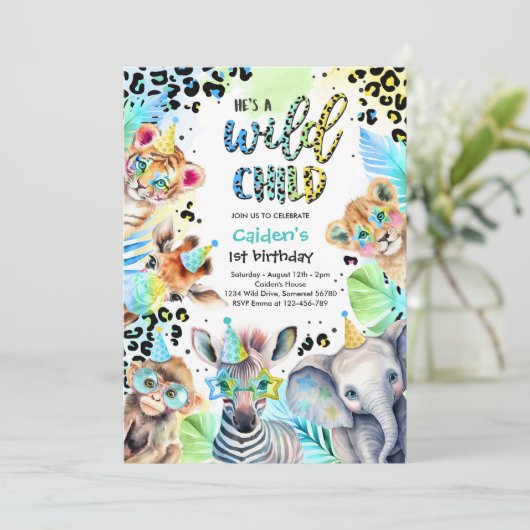 Wild Child Safari Blue Boy Leopard Verjaardagsfees Kaart (Staand voorkant)