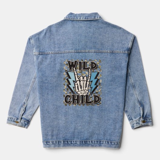 Wild Child Typografie Camouflage Checkerboard Denim Jacket (Achterkant)