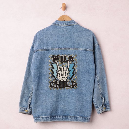 Wild Child Typografie Camouflage Checkerboard Denim Jacket (Hangar)