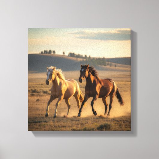 Wild Companions at Sunset – Running Horse Wall Art Canvas Afdruk (Voorkant)