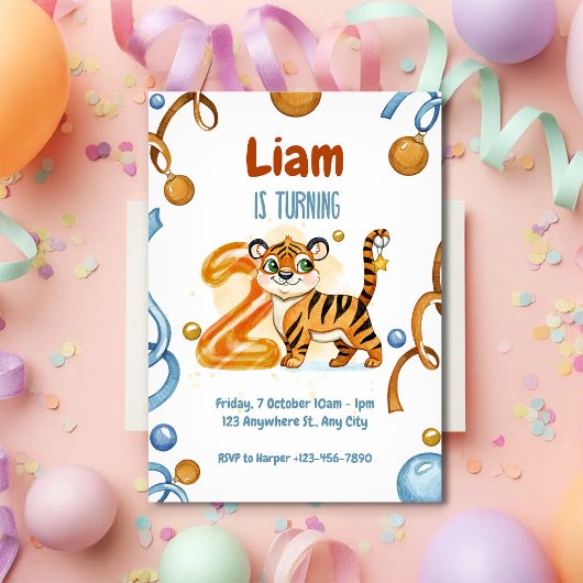 Wild & Cute Tiger 2nd Birthday Invitation Kaart