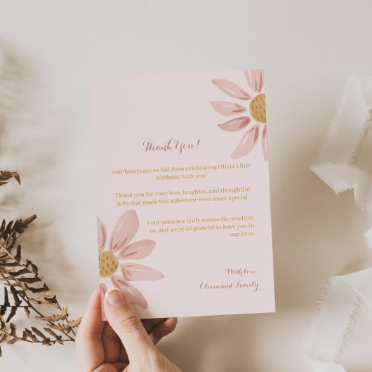 Wild Daisy Eerste Verjaardag, Boho Floral Theme Bedankkaart