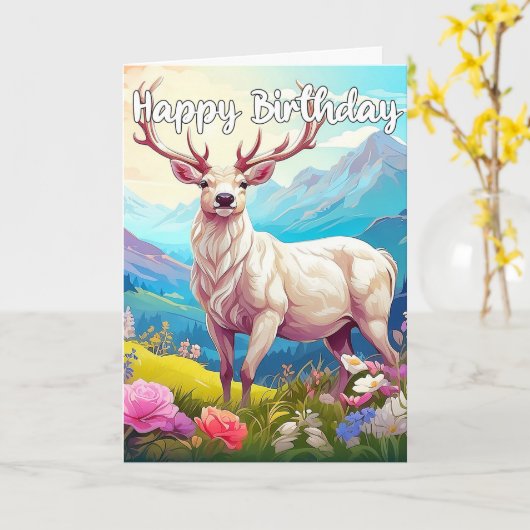 Wild Deer Buck Happy Birthday Kaart (Gele Bloem)