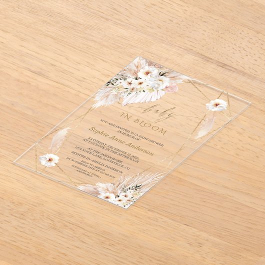 Wild Desert Rozen Pampas Palm Leaves Baby shower Acryl Uitnodigingen (Laagn)