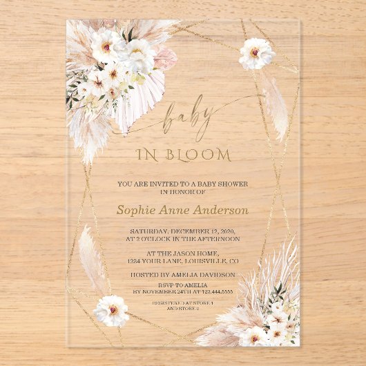 Wild Desert Rozen Pampas Palm Leaves Baby shower Acryl Uitnodigingen (Voorkant)