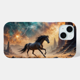 Wild Desert Stallion Nebula sterren bliksem iPhone 15 Case