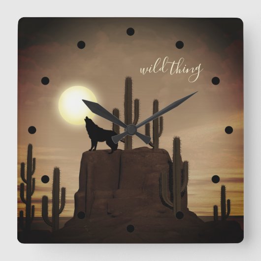 wild ding ~ Full Moon Wolf Howling Desert Cactus Vierkante Klok (Voorkant)