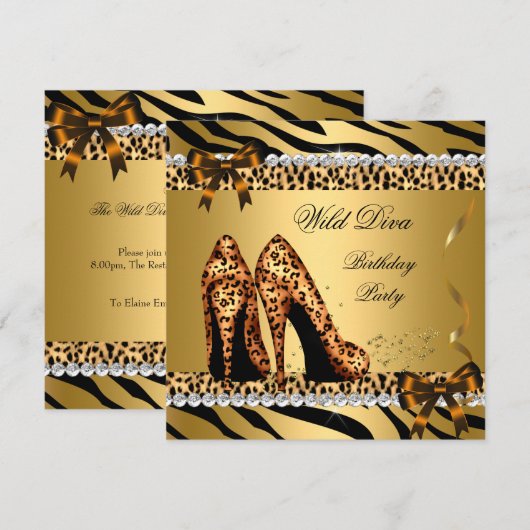 Wild Diva Leopard Zebra Hi Heels Birthday Party 4 Kaart (Voorkant / Achterkant)