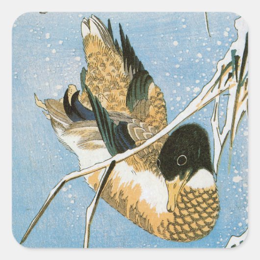 Wild Duck Swimming Snow Laden Reeds door Hiroshige Vierkante Sticker (Voorkant)