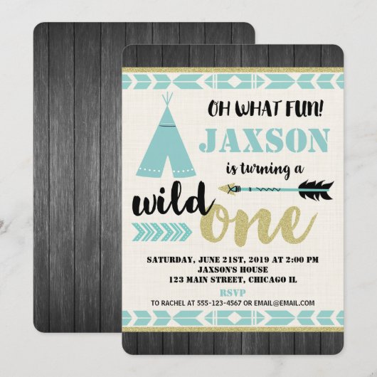 Wild één 1e eerste blauwgroen verjaardagsuitnodigi kaart (Voorkant / Achterkant)