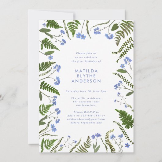 Wild een 1e verjaardag blauwe bloemenvaren botanis kaart (Achterkant)