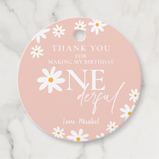 Wild Een 1e Verjaardag Boho Retro Blush Roze Daisy Bedankjes Labels (Voorkant)