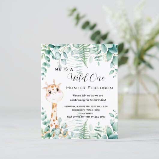 Wild een 1e verjaardag giraffe uitnodiging (Staand voorkant)