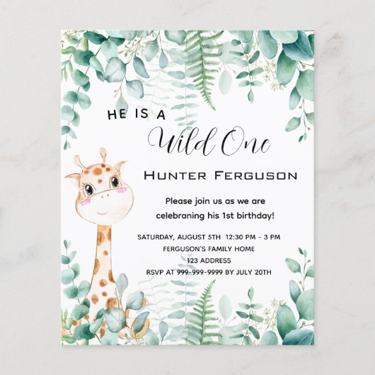 Wild een 1e verjaardag giraffe uitnodiging (Voorkant)