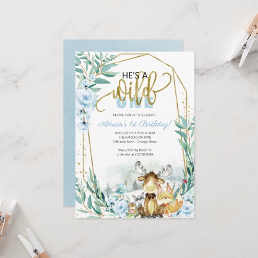 Wild Een 1e Verjaardag Groen Bos Uitnodiging (Voorkant / Achterkant in situ)