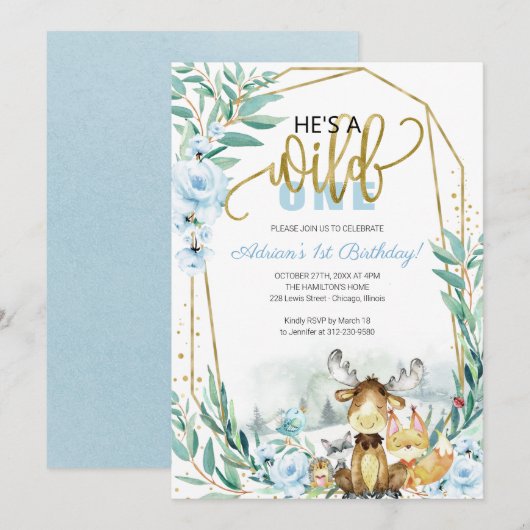 Wild Een 1e Verjaardag Groen Bos Uitnodiging (Voorkant / Achterkant)