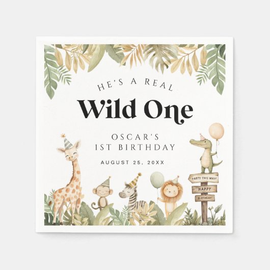 Wild Een 1e Verjaardag Papier Servet Safari Dieren (Voorkant)