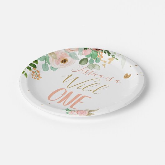 Wild Een 1e Verjaardag Roze Goud Meisje Bloemen Papieren Bordje (Gekanteld)