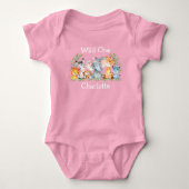 Wild Een 1e verjaardag Safari Dieren Bow Pink Romper (Voorkant)