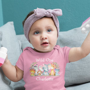 Wild Een 1e verjaardag Safari Dieren Bow Pink Romper