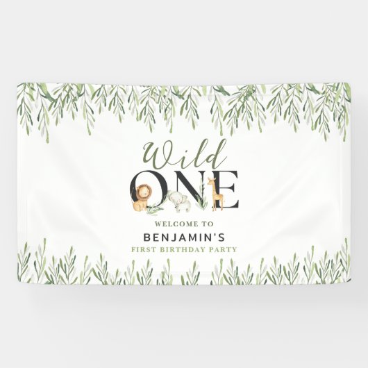 Wild Een 1e Verjaardag Safari Dieren Welkomstfeest Spandoek (Horizontaal)
