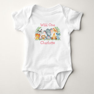 Wild Een 1e verjaardag Safari Dieren Wit Roze Romper