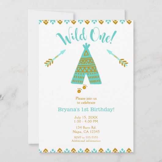 Wild Een 1e verjaardag Turquoise & Gold Tepee Part Kaart (Voorkant)