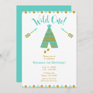 Wild Een 1e verjaardag Turquoise & Gold Tepee Part Kaart