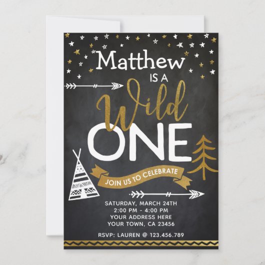 Wild Een 1e Verjaardag Uitnodiging Chalkboard (Voorkant)