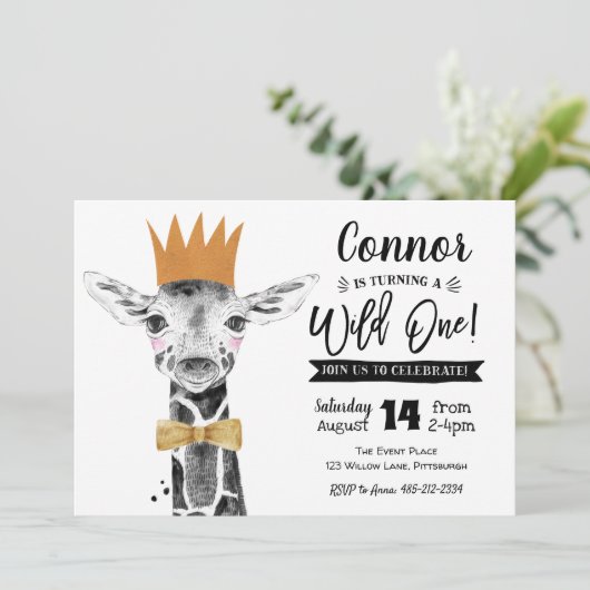 Wild Een 1e Verjaardag Uitnodiging Giraffe Oerwoud (Staand voorkant)