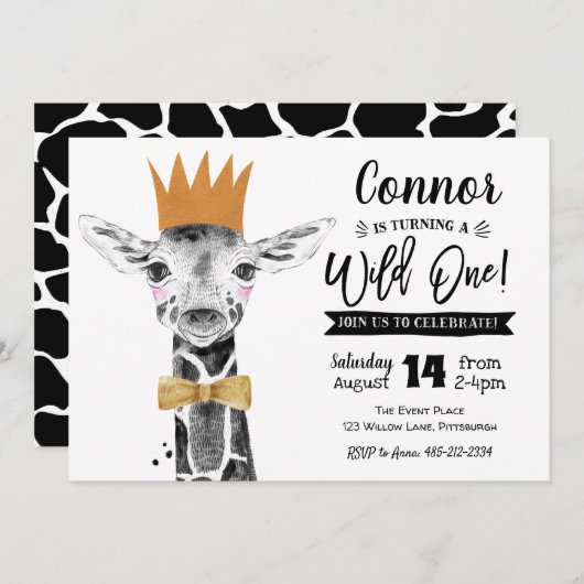 Wild Een 1e Verjaardag Uitnodiging Giraffe Oerwoud (Voorkant / Achterkant)