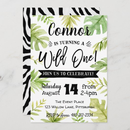 Wild Een 1e Verjaardag Uitnodiging Oerwoud bladere (Voorkant / Achterkant)