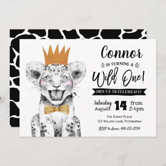 Wild Een 1e Verjaardag Uitnodiging Oerwoud Leeuw (Voorkant / Achterkant)