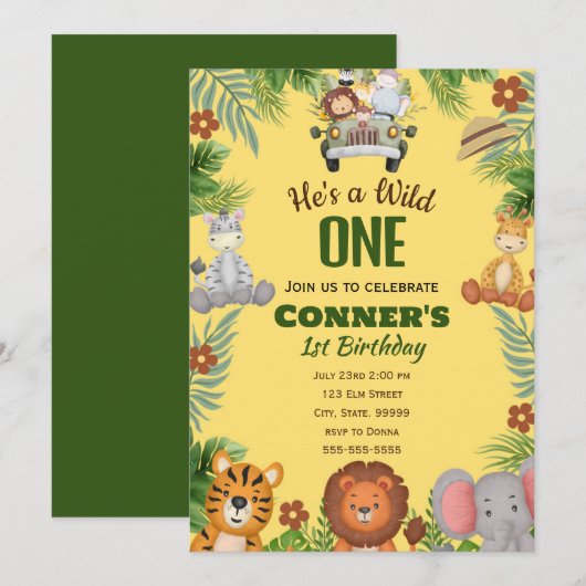 Wild Een 1e Verjaardag Uitnodiging voor Jongen (Voorkant / Achterkant)