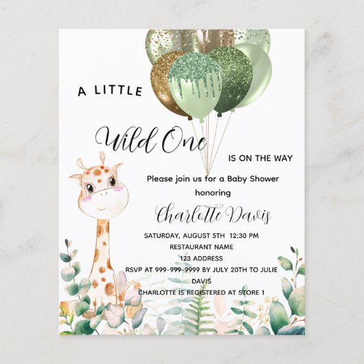 Wild één baby shower giraffe-uitnodiging flyer (Voorkant)