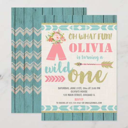 Wild een boho roze blauwgroen 1e eerste verjaardag kaart (Voorkant / Achterkant)