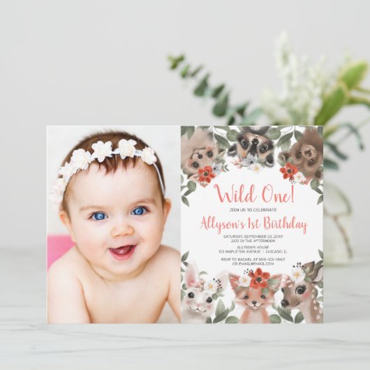 Wild Een bos dieren meisjes 1e verjaardag foto Kaart (Staand voorkant)