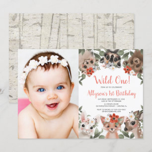 Wild Een bos dieren meisjes 1e verjaardag foto Kaart